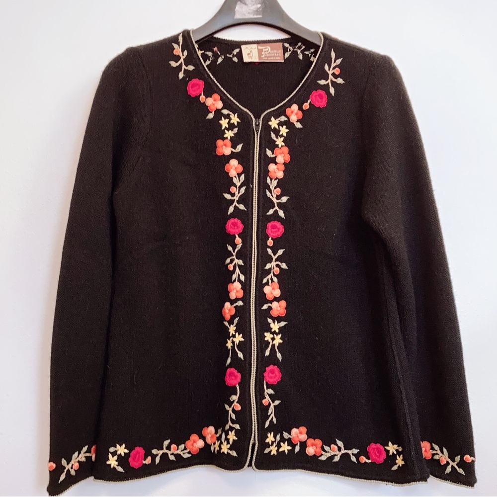 Peruvian Alpaca Blend Boho Cardigan Embroidered Zip Up Sweater Women’s Large